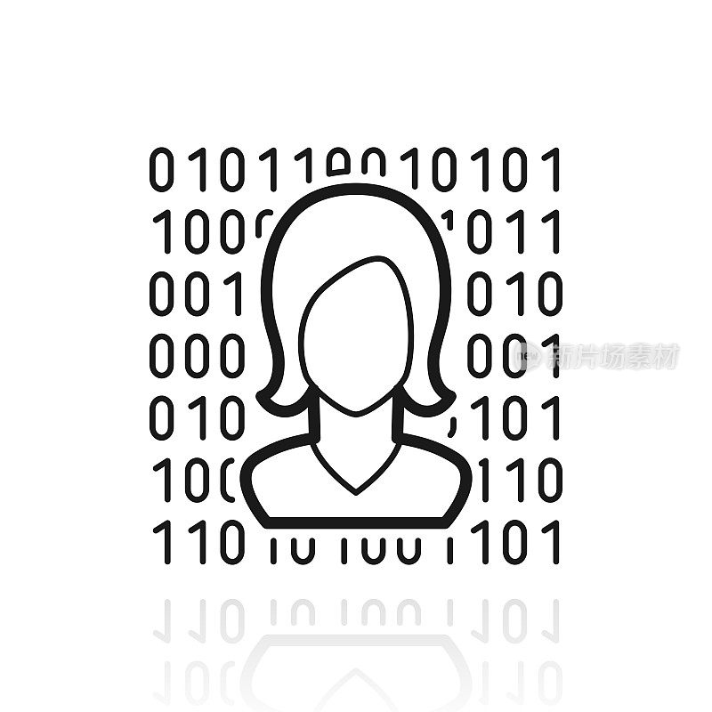 女性面孔，二进制代码。白色背景上反射的图标