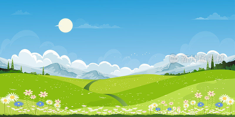 春日绿野山水以山、天、云为背景，春日田园自然以绿草地为全景。卡通矢量插图春夏横幅