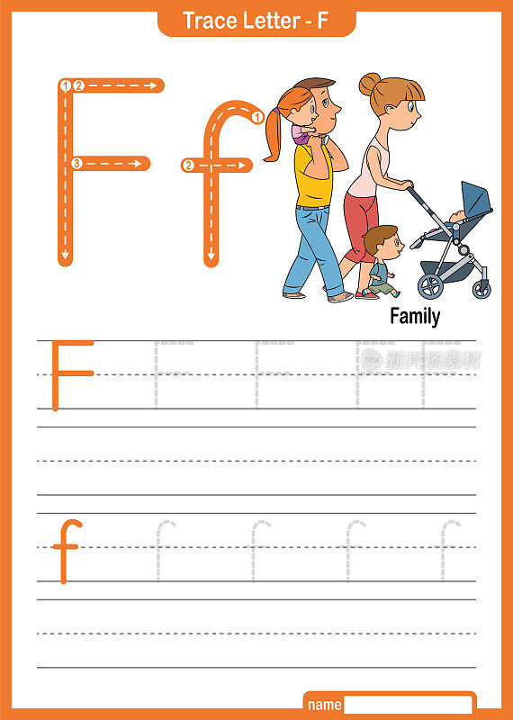 字母跟踪字母A到Z学龄前工作表与字母F家庭亲矢量