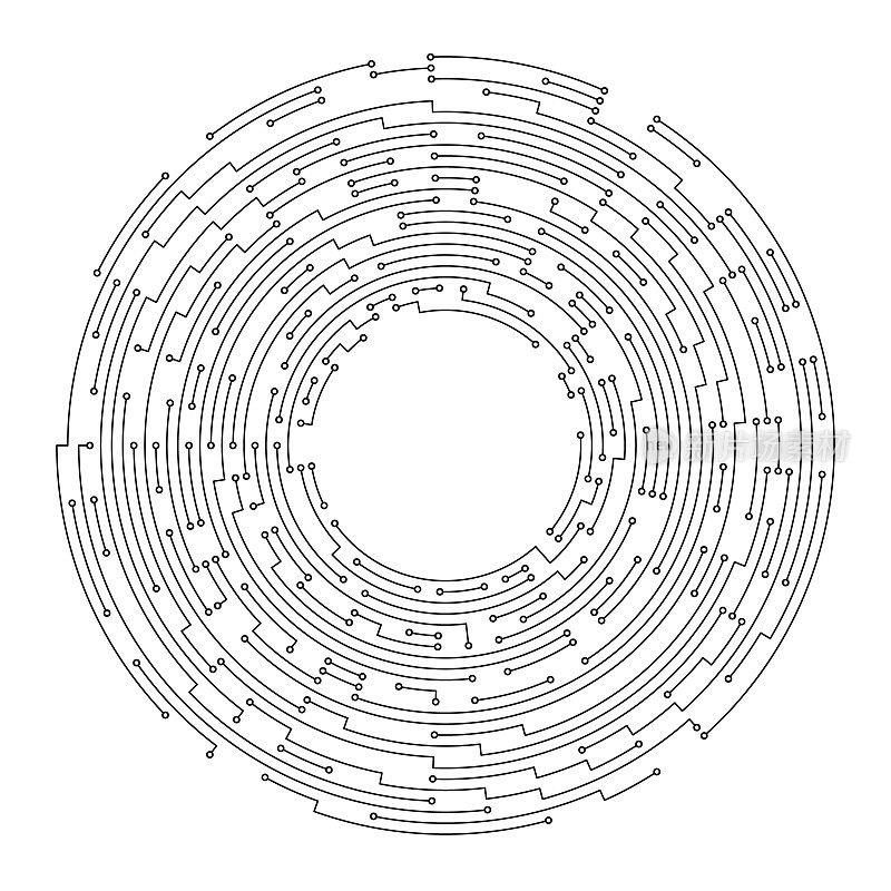 电路板风格的抽象圆形电子背景图案。