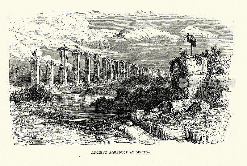 19世纪西班牙梅里达的古罗马渡槽