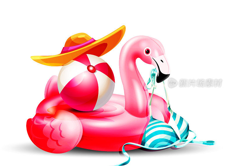 卡通风格的海滩度假概念。充气粉红色火烈鸟与球，比基尼和帽子孤立的白色背景。