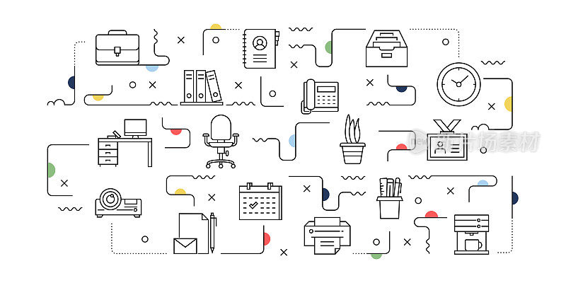 与办公室和工作空间相关的矢量横幅设计概念，现代线条风格的图标