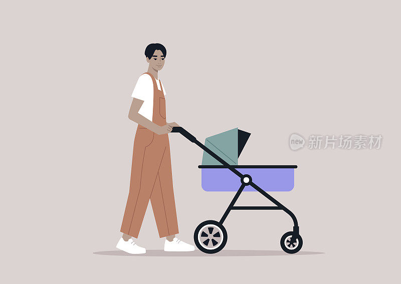 一位年轻的亚洲父母推着婴儿车在户外活动