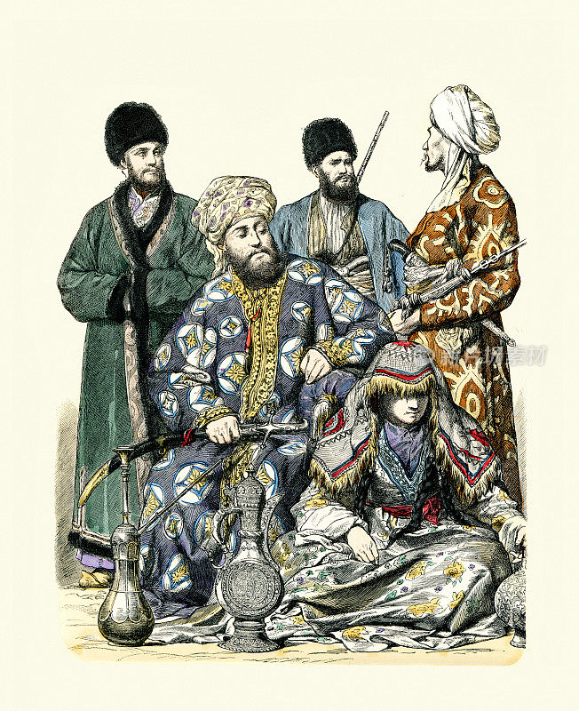 乌兹别克斯坦的服装和时尚，希瓦的男人，布哈拉的埃米尔，特克-土库曼，撒马尔罕的女孩，19世纪布哈拉的警察