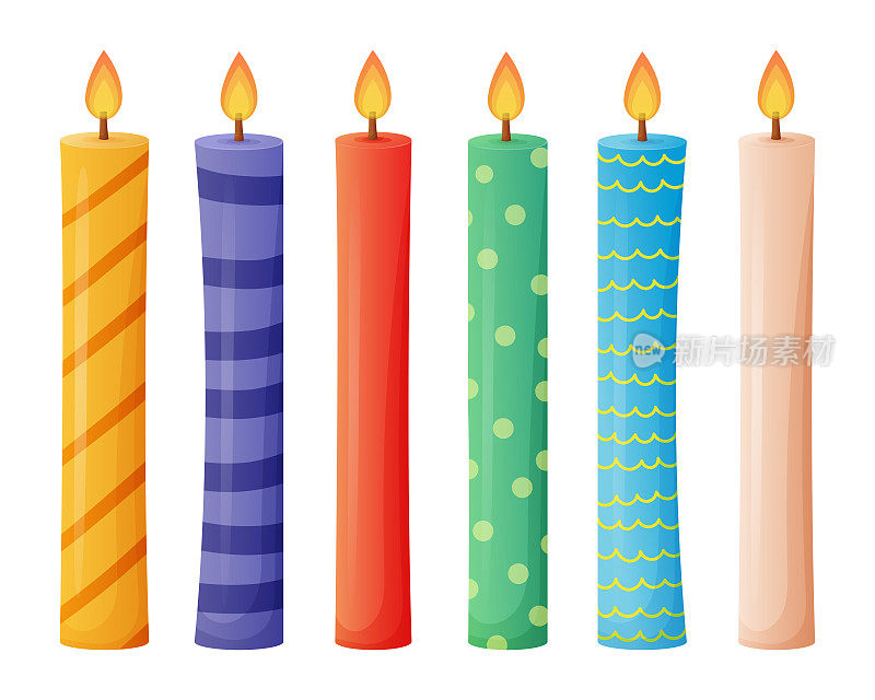 五彩缤纷的节日蜡烛与火。集卡通孤立矢量插画，节日装饰设计元素。
