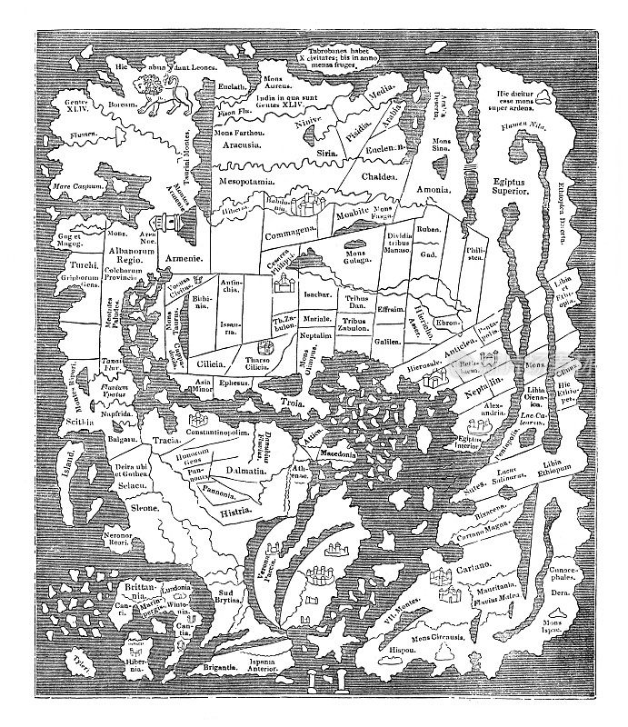 盎格鲁-撒克逊世界地图-大力神之柱(10世纪)-古董雕刻插图