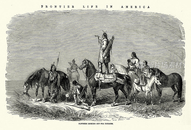 波尼族印第安人寻找敌人，站在马背上，狂野的西部，美国边境生活的场景，19世纪，19世纪