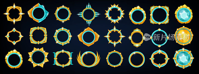 游戏角色框架设置，UI圈徽章，矢量升级中世纪RPG轮排名奖，宝石。