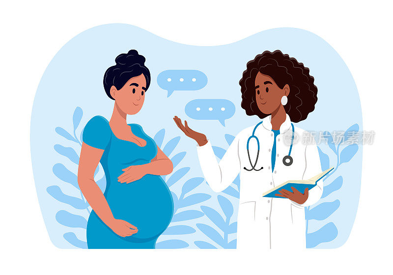 一名孕妇到医生办公室检查怀孕期间的情况。一位孕妇正在和妇产科医生交谈。怀孕期间的咨询和检查。