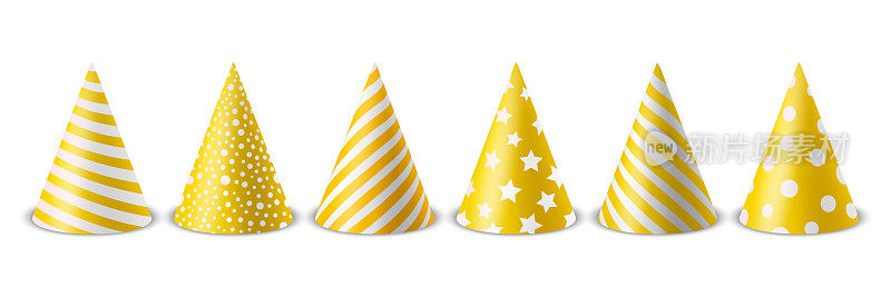 矢量3d现实的黄色和白色生日派对帽子图标集隔离在白色背景。党帽设计模板党旗帜，贺卡。节日帽子，锥形，前视图