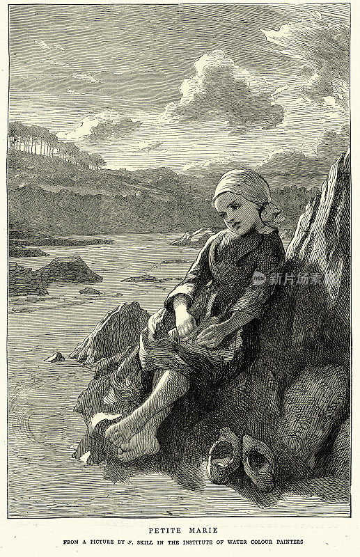 娇小的玛丽,在海滩上放松的女孩,根据弗雷德里克・约翰・斯基尔的绘画,维多利亚艺术,19世纪70年代