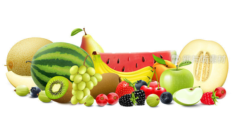 新鲜、成熟、多汁的水果及草莓、梨、香蕉、瓜、西瓜、醋栗、蓝莓、黑莓、葡萄、醋栗、樱桃。逼真的三维矢量插图