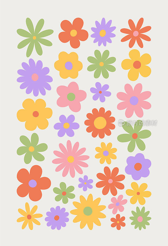 复古花海报。时髦的印花配上时髦的雏菊花。复古y2k自然背景。彩色平面卡通矢量插图。