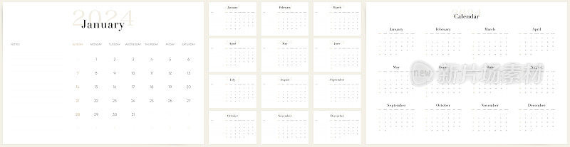 书桌简单的12个月商业日历为2024年。表或桌面2024日历模板设计的时间表计划。每周从周日开始。英语语言。