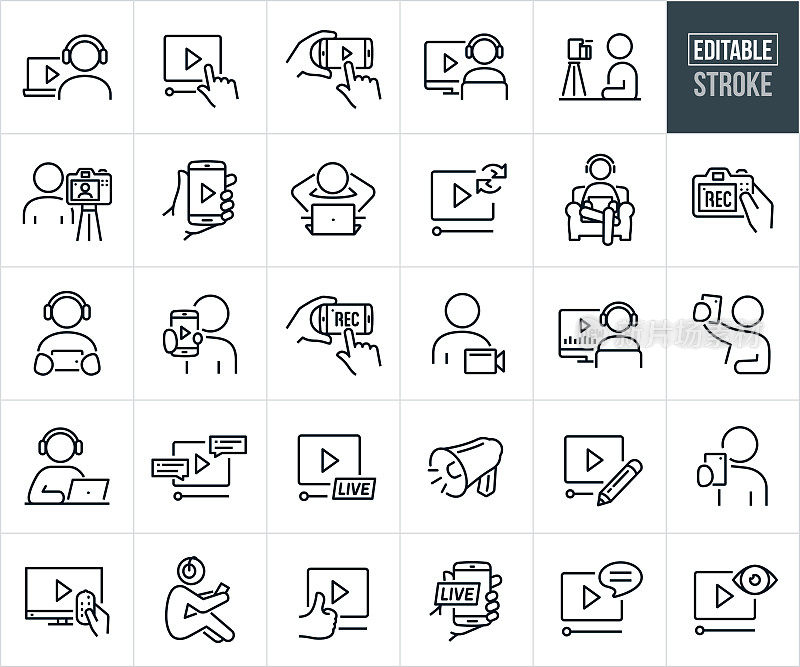 在线视频录制,编辑和共享细线图标-可编辑的笔画
