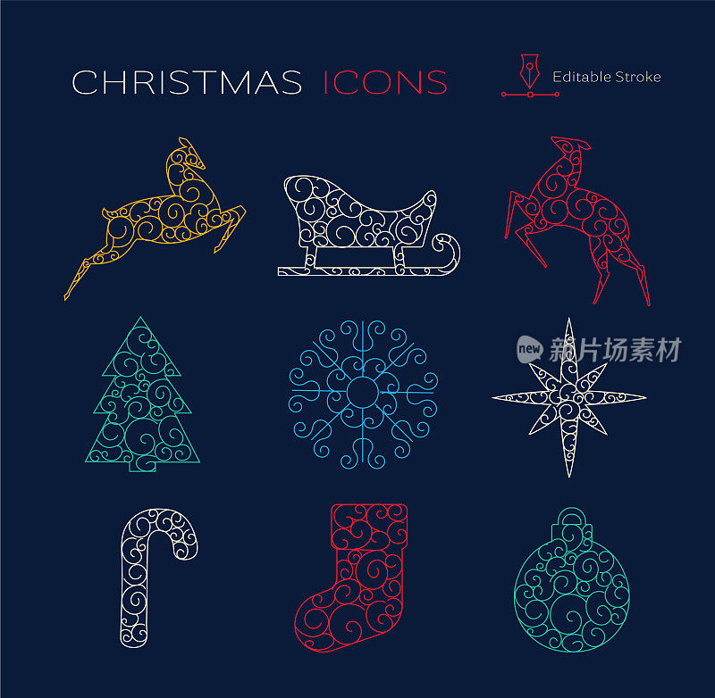 圣诞节风格化的线图标集与漩涡和装饰，鹿，雪橇，树，雪花，星，拐杖糖，圣诞袜，装饰品