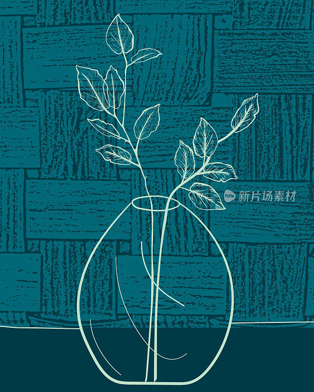 现代植物绘画的植物在一个有纹理的背景花瓶