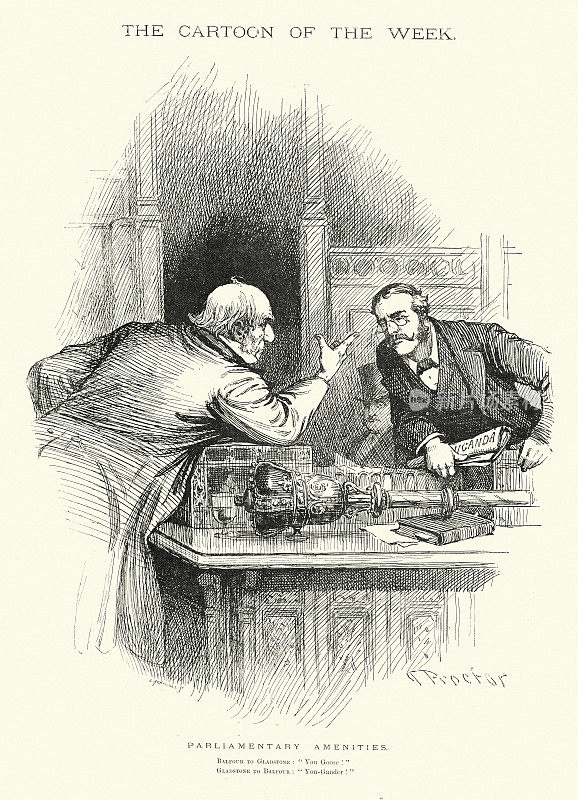 维多利亚时代的政治漫画，议会设施，威廉・埃瓦特・格莱斯顿和亚瑟・巴尔弗互相侮辱，19世纪90年代，19世纪
