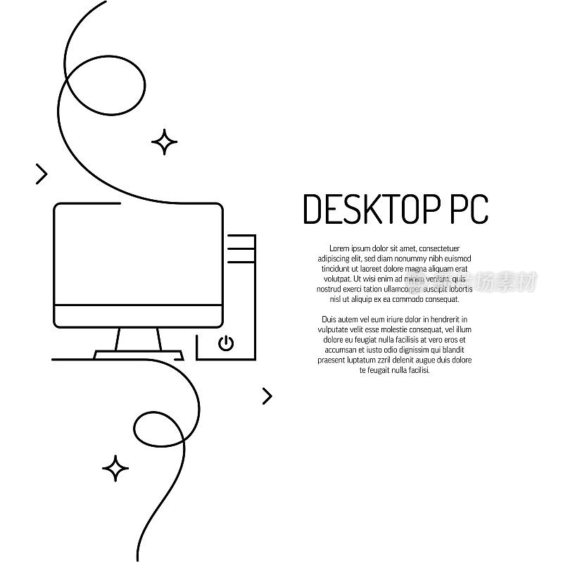 连续线条绘制桌面PC图标。手绘符号矢量插图。