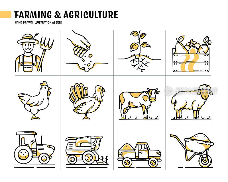 采购产品农民，幼苗，发芽，收获，鸡，羊，牛，拖拉机，联合收割机，独轮车，皮卡车手绘图标