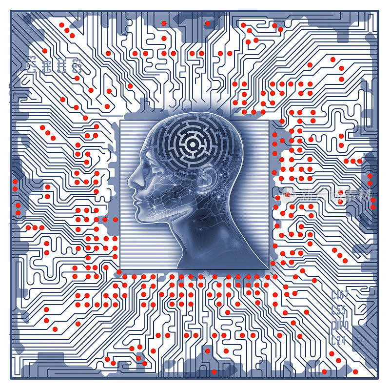 人的头与人工智能电路板在白底插图