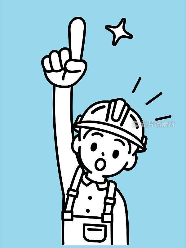 一个男孩戴着安全帽，穿着带背带或背带的工作服，用食指指着上面，看着观众，解释一个简单的线条画或建筑工人或建筑工人的图标