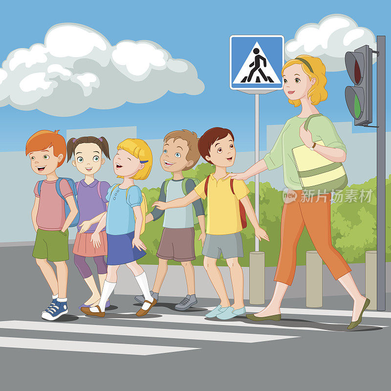 孩子们和老师一起过马路。矢量插图。