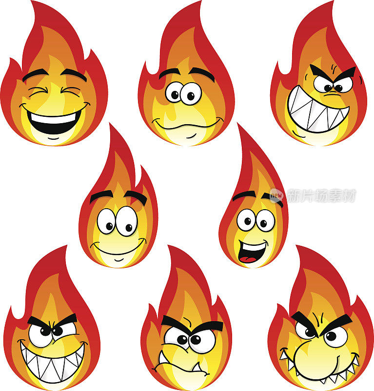火焰卡通与许多面孔孤立在白色的背景