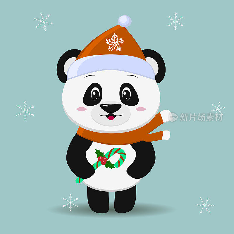 熊猫戴着红帽子，围着红领巾，卡通风格，爪子里拿着糖果站在那里。