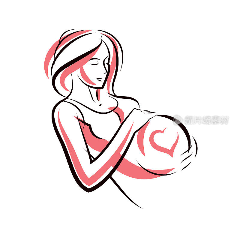 美丽的孕妇身材剪影与心形。母亲绘制矢量插图。幸福和关怀的主题。