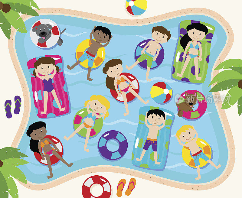 泳池派对矢量集，包括泳池背景和儿童和狗游泳