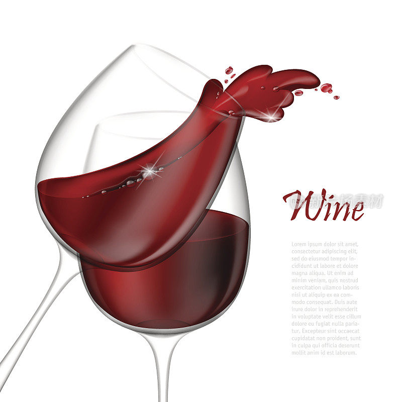 3d现实矢量插图。透明隔离葡萄酒杯与红酒。红酒从玻璃杯中倾泻而出