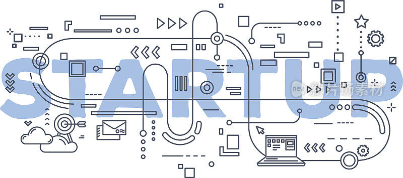矢量创意插图的商业启动字字母排版与线图标在白色的背景。启动技术的概念。