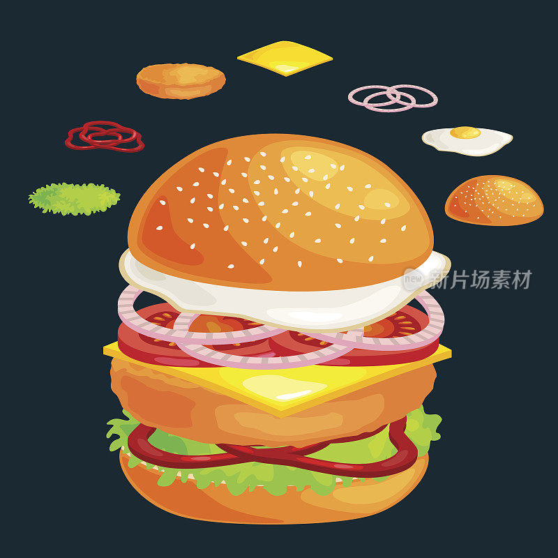 套汉堡烤牛肉蔬菜酱包小吃，汉堡快餐餐菜单烧烤肉与详细的个人飞行片菜单配料矢量插图背景