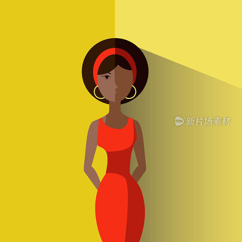 矢量插图。一个穿着红裙子的优雅的非洲裔年轻女孩。