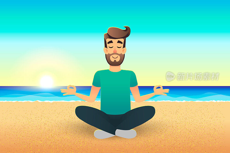 卡通扁平快乐的人坐在海滩上沉思。插图英俊的男性放松平静的荷花姿势。男士瑜伽-在海边放松。放松假期暑假概念