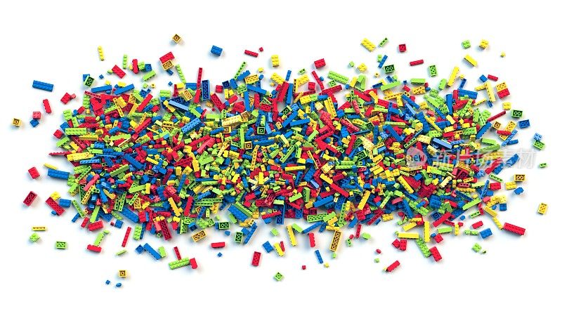 一堆彩色玩具积木。三维渲染
