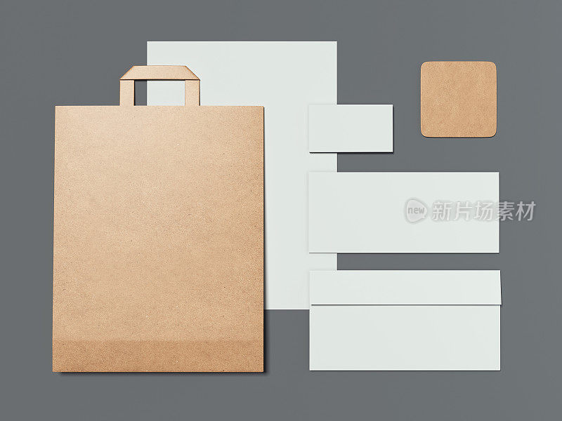 商业模型与纸质购物袋。三维渲染
