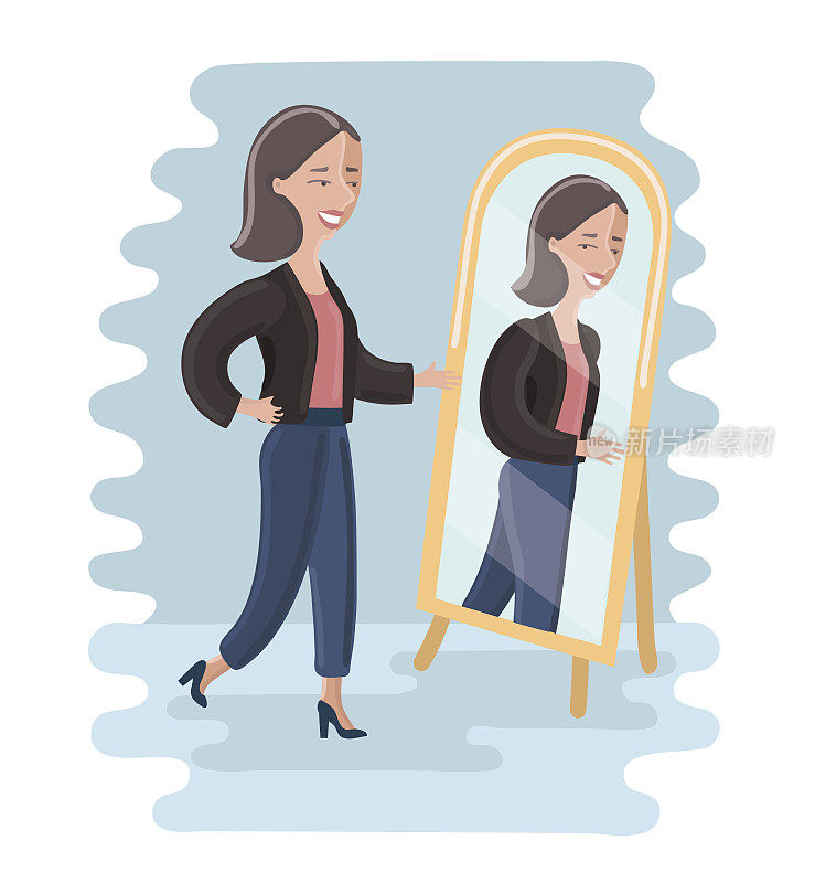 年轻女子在更衣室里照镜子。