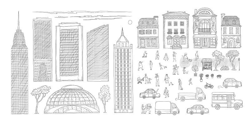 矢量集素描轮廓涂鸦插画城市街道在欧洲的历史名城，卡车和汽车。户外植物和鲜花，儿童和成人的角色，摩天大楼在大都市