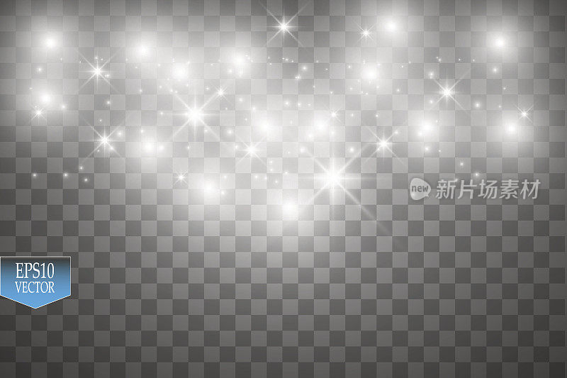 矢量白色闪光波插图。在透明的背景上，白色的星尘尾随着闪闪发光的粒子