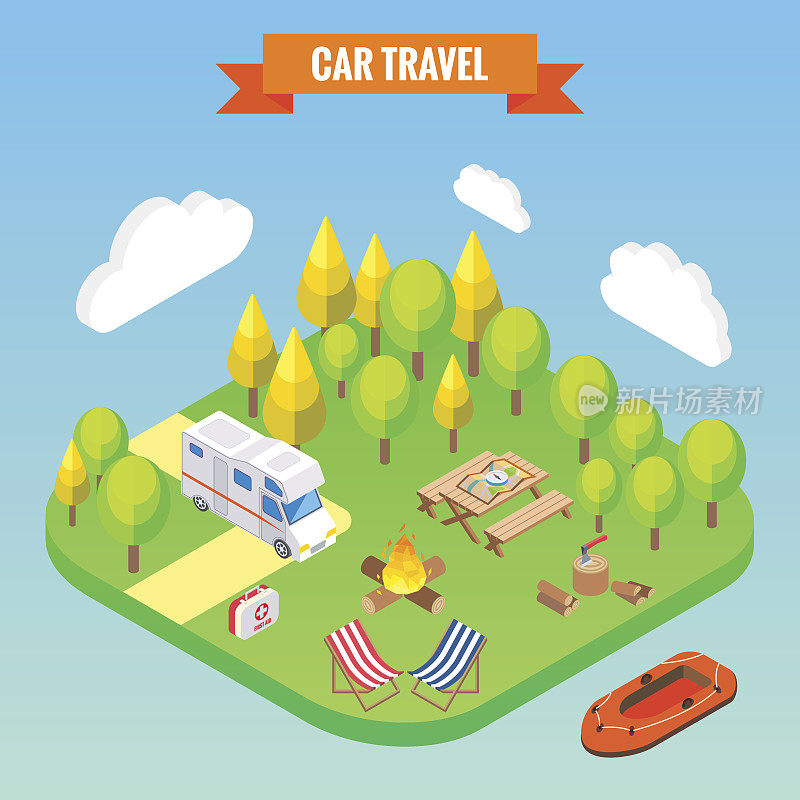 汽车旅行和露营等距概念。矢量插图在平面3d风格。户外露营活动。乘坐露营者