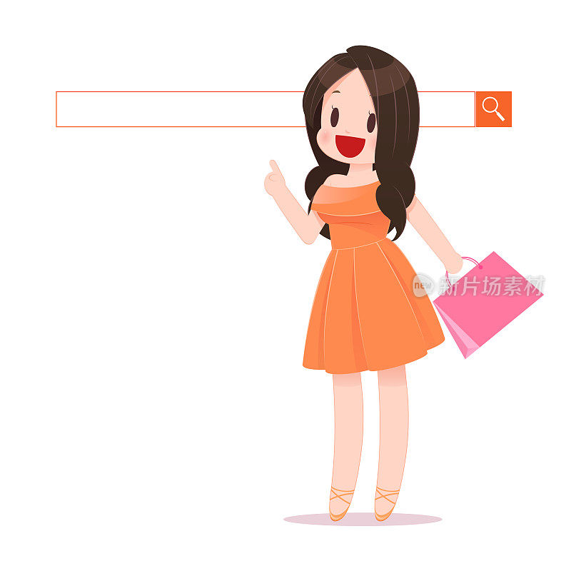 快乐女人购物袋享受网上购物。商业概念卡通插图。