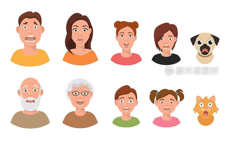 人们的面部情绪，害怕，害怕，风的情绪，人的面部不同的表情矢量插图在平面风格