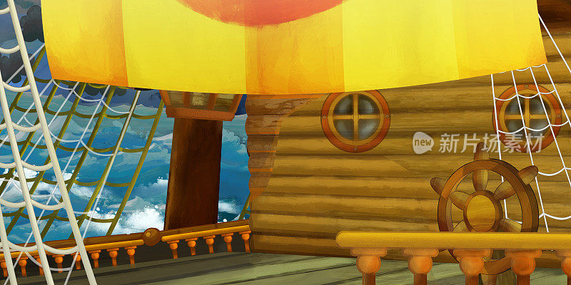 海盗船船舱内部在海上航行的卡通场景