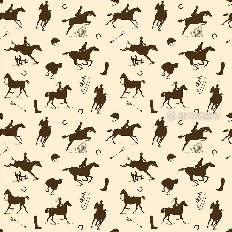 骑马骑马风格剪影无缝图案。棕色米色的英国猎狐风格。