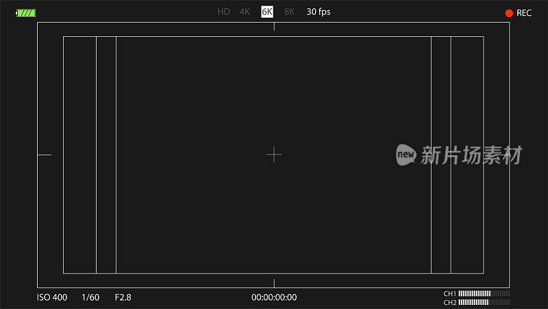 数码相机的取景器。具有对焦点、电池指示灯、安全边框和recc状态的边框界面。数码单反摄像头视频画面。数字记录器显示。向量插图,EPS10。