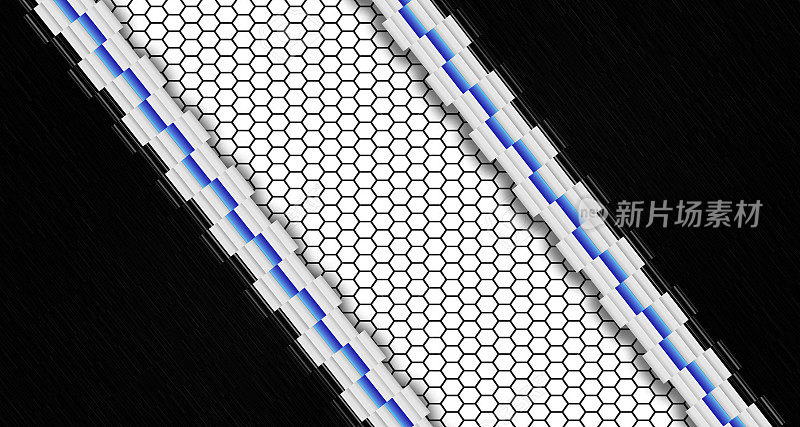 抽象金属背景，拉丝和雕刻黑色金属板与六边形形状和装饰金属装饰-丝带。