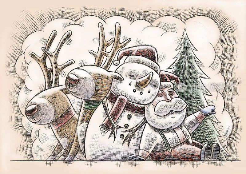 圣诞老人雪人驯鹿聚集